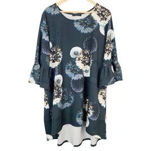 Bryn Walker‎ Phryne Tunic 1X Gray Beige Floral Print Bell Sleeve Hi Low Hem USA